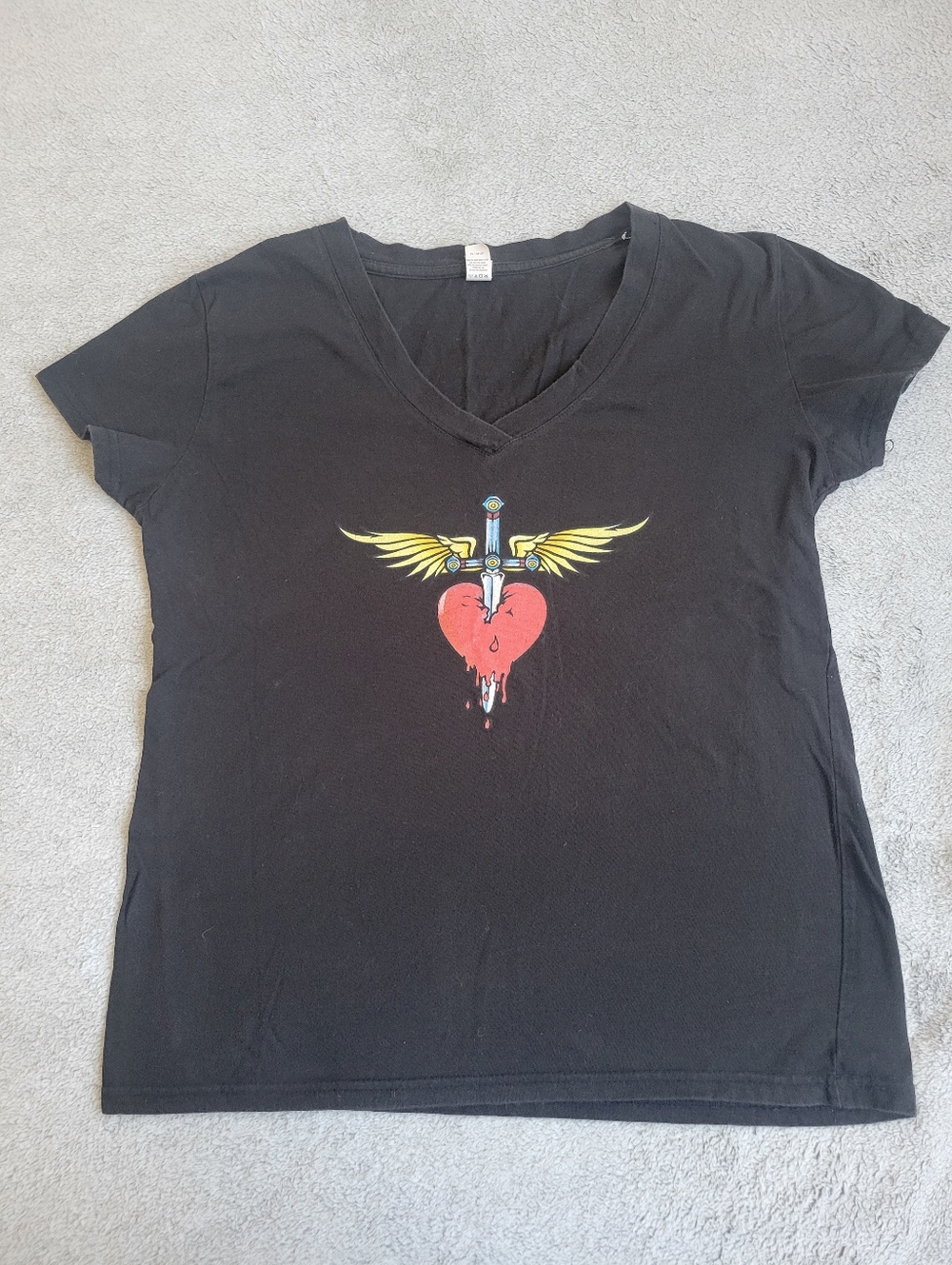 Bon Jovi Black V-Neck Women's Tee with Red Heart & Yellow Wing Graphic 2010-2011